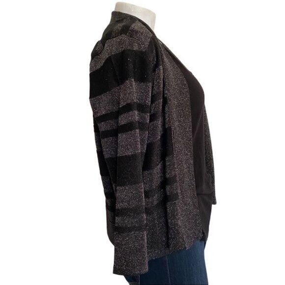 August Silk Black Gray Shimmery Metallic Striped 3/4 Sleeve Cardigan Sweater Siz - Picture 8 of 12